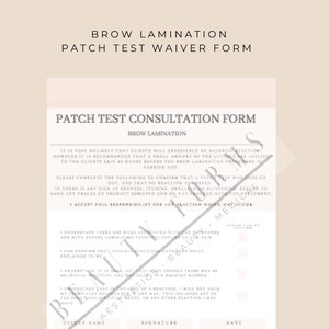 Könnte beinhalten: Ein druckbares Patch-Test-Konsultationsformular für die Wimpernlaminierung. Das Formular enthält Abschnitte für Kundeninformationen, Therapeuteninformationen und eine Erklärung, in der die mit dem Verfahren verbundenen Risiken anerkannt werden. Das Formular ist für die Verwendung vor einer Wimpernlaminierungsbehandlung konzipiert.