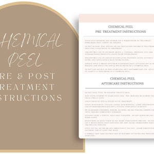 May include: A white and brown graphic with the text "Chemical Peel Pre & Post Treatment Instructions" in a large font. The graphic also includes a list of pre-treatment and aftercare instructions for a chemical peel.