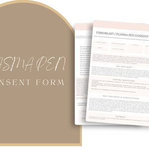 Op de afbeelding: Een roze en wit toestemmingsformulier voor een fibroblast/plasma pen-behandeling. Het formulier bevat secties voor patiëntinformatie, de behandeling, contra-indicaties, nabehandeling en complicaties, en betaling.