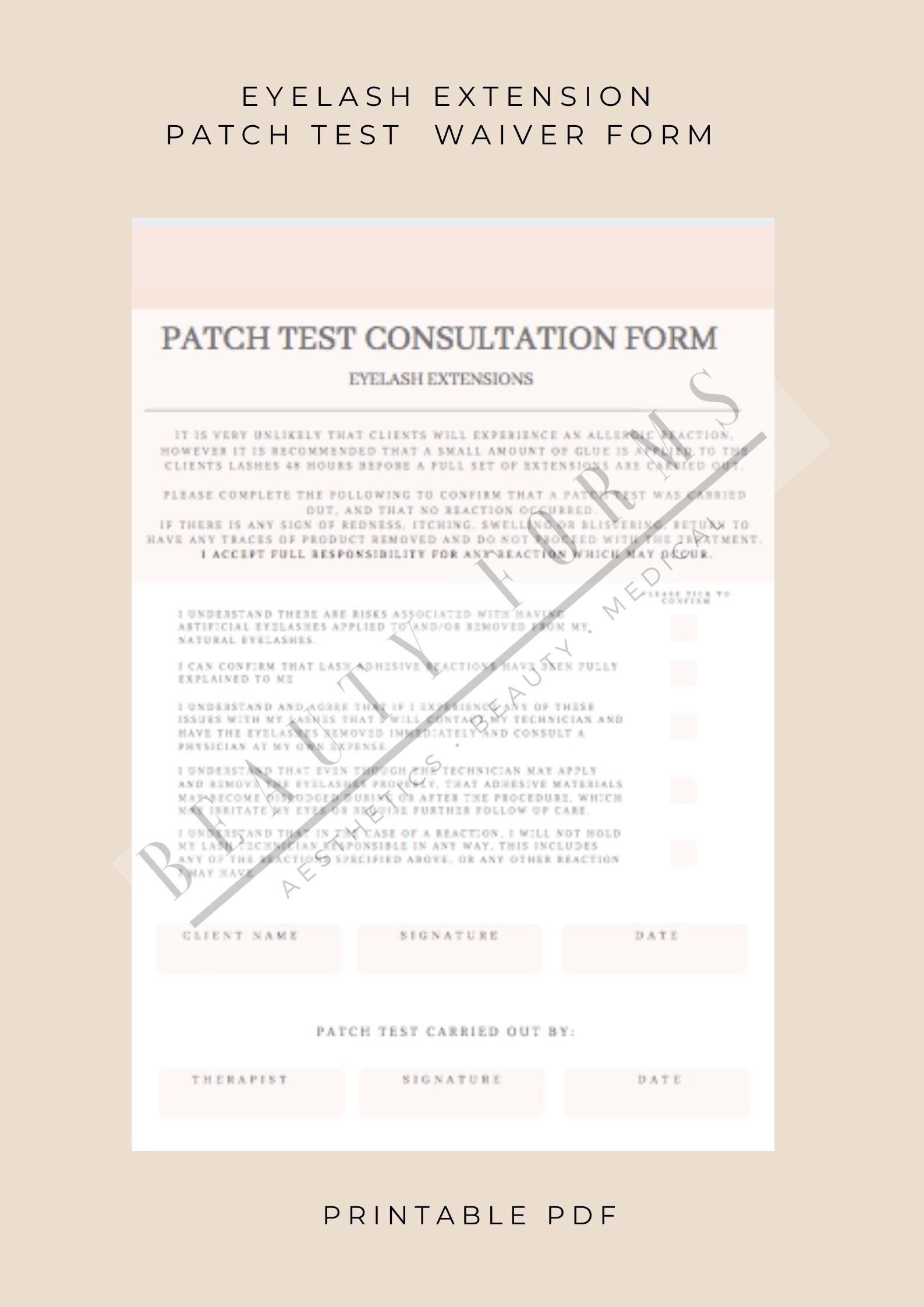 Eyelash Extension Patch Test Waiver Form Download & Print Etsy