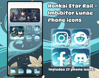 Puede incluir: Un conjunto de 27 iconos de teléfono con un esquema de color azul y blanco y un diseño estilizado inspirado en el videojuego Honkai Star Rail. Los iconos incluyen aplicaciones populares de redes sociales como Instagram, Facebook, Reddit y Discord.