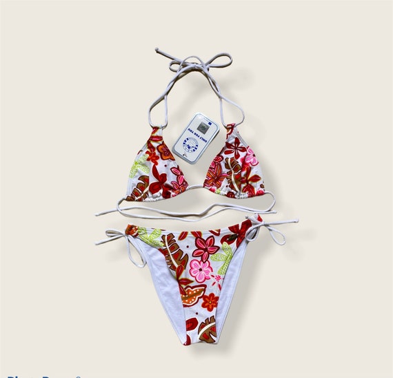 Vintage Y2K Bikini Hibiscus Print NOS White Red T… - image 1