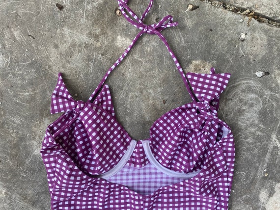 90s Swimsuit Purple White Checkered Print Vintage… - image 5
