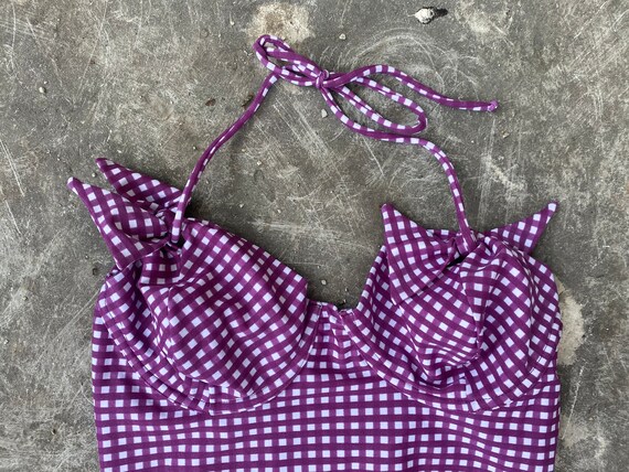 90s Swimsuit Purple White Checkered Print Vintage… - image 2