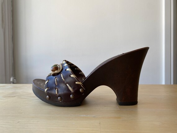 VINTAGE 90s Does 70s Leather Clogs, Studded Embro… - image 1