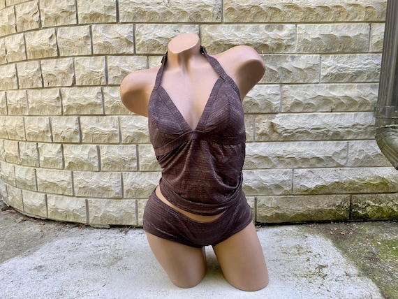 Vintage Y2K Tankini Set Brown Striped, Tank Top S… - image 1