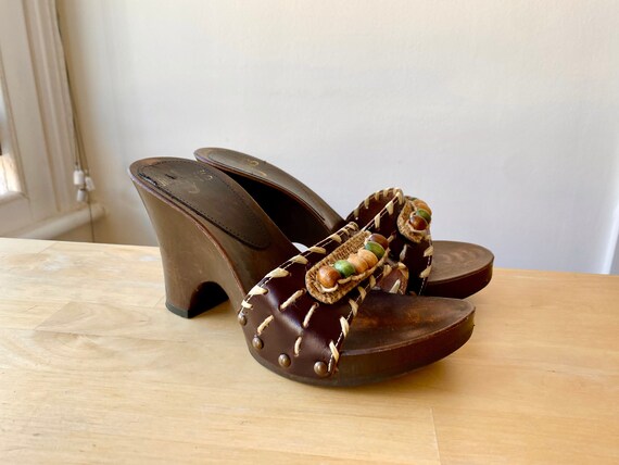 VINTAGE 90s Does 70s Leather Clogs, Studded Embro… - image 2