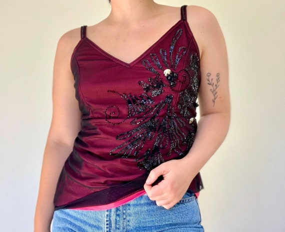 Vintage Y2K Cami Top, Women's Black and Pink Mesh Top, Sequin 90s