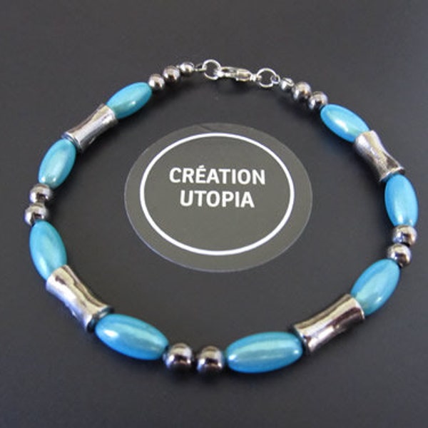 Bracelet perles ovale turquoise et perle argent