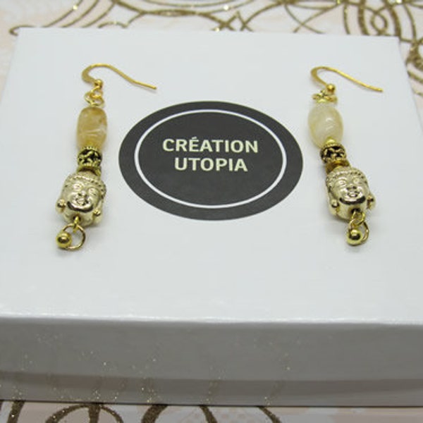 Boucles d'oreilles pierre citrine et perles or avec perle Bouddha or