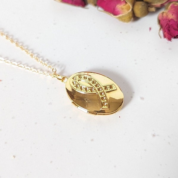 Real Forget Me Not Oval Locket Pendant, Gold Plated Photo Locket Necklace, Handmade Gift for Her, Averness Ribbon Locket Necklace