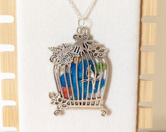 Flower Garden Bird in Cage Necklace, Real Pressed Flower Necklace, Handmade Gift For Her, Large Bird in Cage Pendant, Statement Necklace