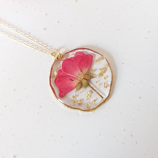Real Pressed Rose Rustic Necklace,  Red Rosebud Necklace, Handmade Gift for Her, 24K Gold Plated Chain, Resin Jewellery, Botanical Necklace