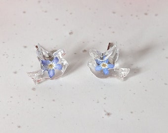 Blue Forget Me Not Flower Tiny Flying Bird Stud Earrings, Dainty Resin Studs, Handmade Gift for Her, Pressed Flower Stud Earrings