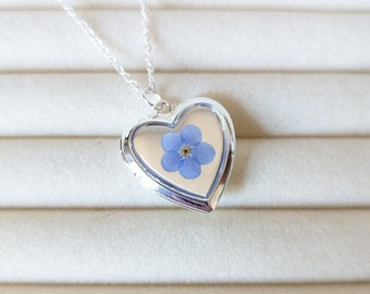 Real Forget Me Not Flower Photo Locket Pendant, Silver Heart Locket Necklace, Handmade Gift for Her, Vintage Style Memorial Locket Pendant