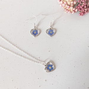 Forget Me Not Tiny Heart Necklace, Dainty Forget Me Not Drop Earrings, Handmade Gift for Her, Minimalist Resin Jewellery Set