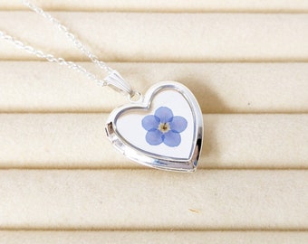 Real Forget Me Not Flower Photo Locket Pendant, Silver Heart Locket Necklace, Handmade Gift for Her, Vintage Style Memorial Locket Pendant