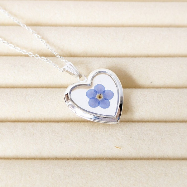 Real Forget Me Not Flower Photo Locket Pendant, Silver Heart Locket Necklace, Handmade Gift for Her, Vintage Style Memorial Locket Pendant