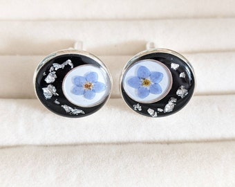 Real Forget Me Not Flower Resin Cufflinks, Botanical Cufflinks, Handmade Gift for Him, Groomsmen Gifts, Blue Flower Cufflinks