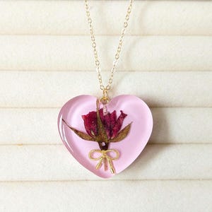 Red Rose Heart Necklace, Pink Flower Resin Pendant, Rose Bud Necklace, Handmade Gift for Her, Birthday Gift