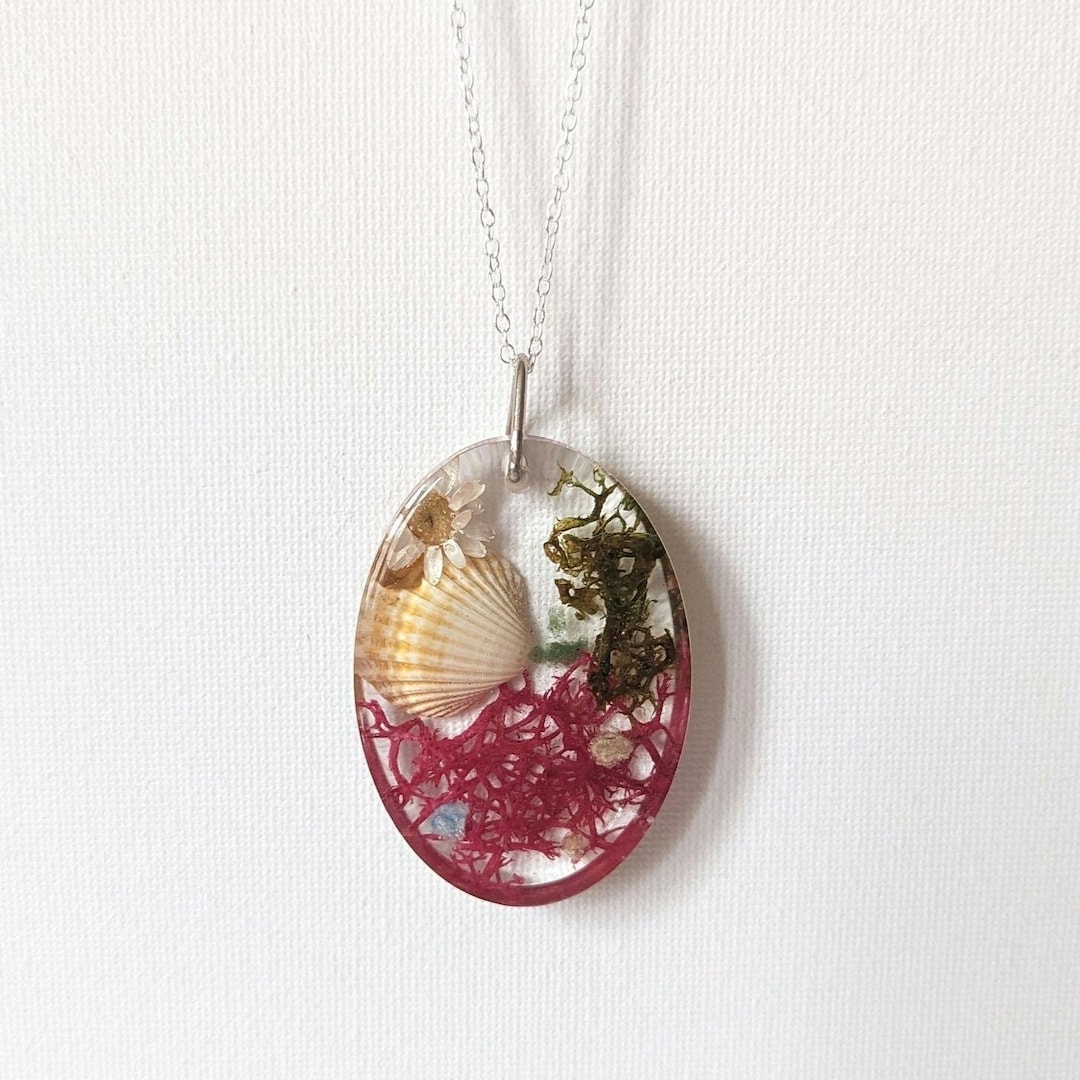 Real Sea Shell and Moss Necklace, Real Pink Flower and Abalone Shell ...
