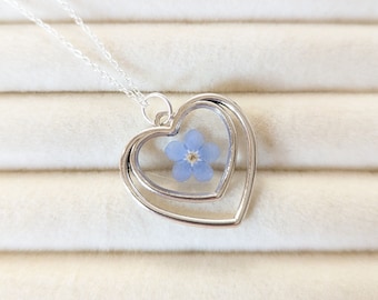 Blue Forget Me Not Flower Double Hearts Necklace, Minimalist Heart Resin Pendant, Handmade Gift for Her, Sterling Silver Chain Option