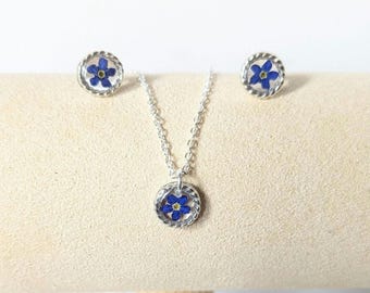 Blue Forget Me Not Flower Dainty Resin Jewellery Set, Real Pressed Flower Studs, Handmade Gift for Her, Blue Flower Necklace