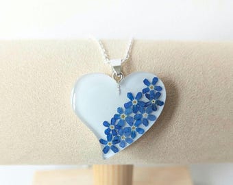Real Forget-Me-Not Flower Heart Necklace and Earrings Set, Handmade Botanical Jewellery
