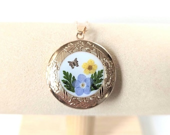 Colgante con relicario de flor de nomeolvides auténtica, collar de oro rosa, joyería hecha a mano