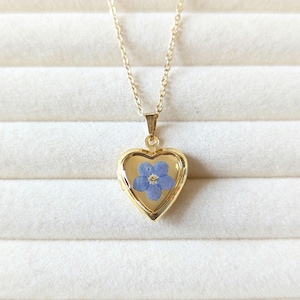 Blue Forget Me Not Flower Locket Pendant, Gold Heart Locket Necklace, Handmade Gift for Her, Vintage Style Memorial Necklace