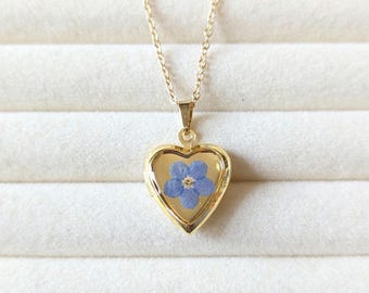 Blue Forget Me Not Flower Locket Pendant, Gold Heart Locket Necklace,  Handmade Gift for Her, Vintage Style Memorial Necklace