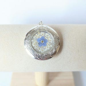 Colgante con relicario de flor nomeolvides auténtica, estilo vintage, collar de plata, regalo para ella.
