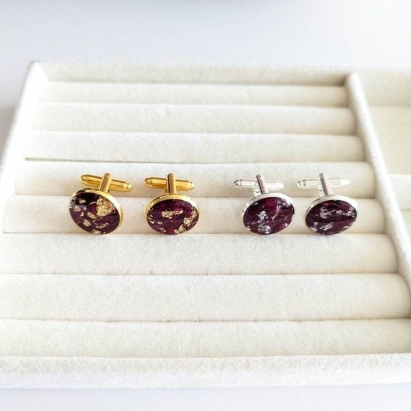 Boutons de manchette pétales de rose rouges séchés, bijoux fleurs pressées, cadeau fait main pour lui, cadeaux de garçons d'honneur, boutons de manchette botaniques pour homme