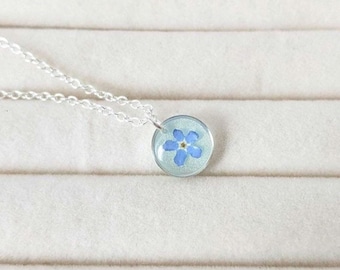 Forget Me Not Resin Necklace, Pressed Flower Pendant, Handmade Jewelry, Botanical