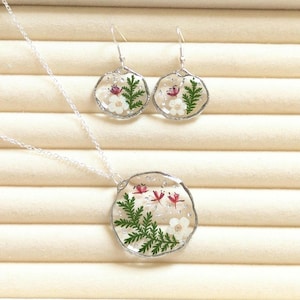 Real Flower Resin Jewelry Set, Fern Pendant Necklace and Earrings, Handmade Botanical Jewellery