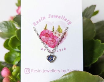 Forget Me Not Resin Necklace, Stainless Steel Heart Pendant, Pressed Flower Jewelry, Botanical