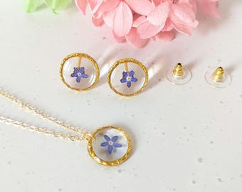 Blue Forget Me Not Flower Jewellery Set, Real Pressed Flower Necklace and Stud Earrings, Minimalist Resin Jewellery, Handmade Gift for Her