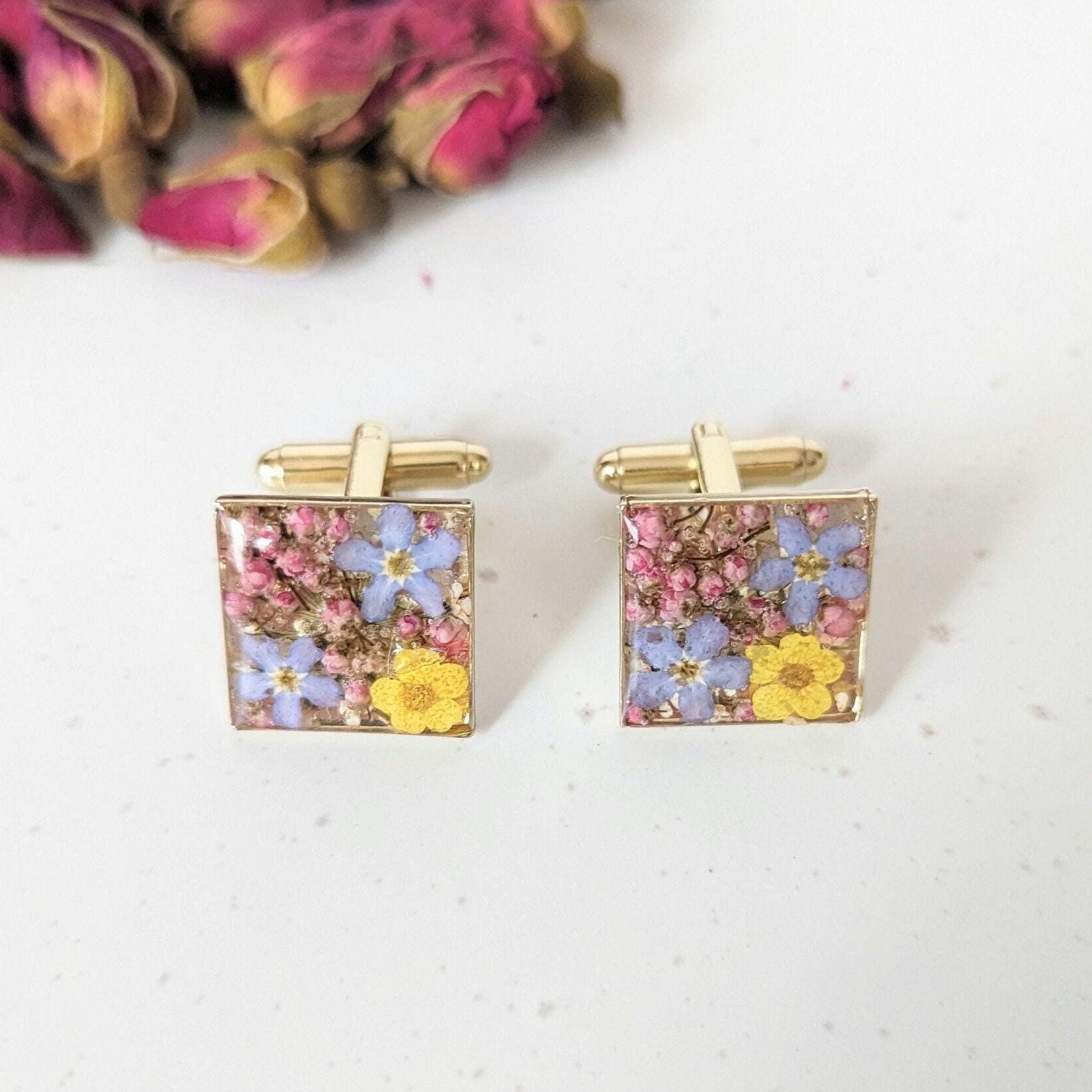 Navy Blue & Pink Square Cufflinks - Silver Tone Frame, Fiber Optic Glass, Hand Finished - View #6