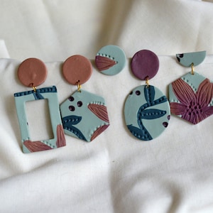 Mint Floral Patterned Polymer Clay Earrings