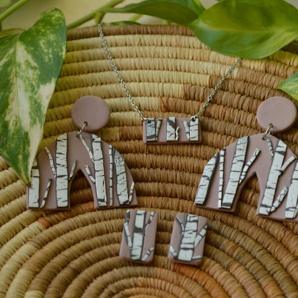 Tan White Birch Tree Polymer Clay Earrings and Necklaces