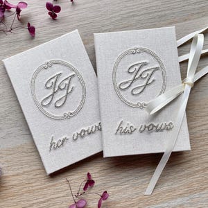 Vow Booklet with Embroidered Frame and Initials - Wedding Keepsake with Ribbon