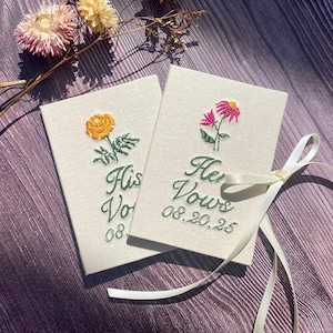 Minicuaderno de votos con flores bordadas - Tapa dura de tela con lazo - Recuerdo para la ceremonia de boda - Sus votos