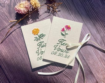 Embroidered Flower Vow Booklet: Personalised Hardcover Keepsake with Fabric Cover and Ribbon Tie