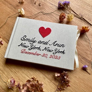 Álbum de recortes personalizado con corazón bordado, tamaño A5, tapa dura con cierre de lazo, libro de visitas para bodas y fiestas.