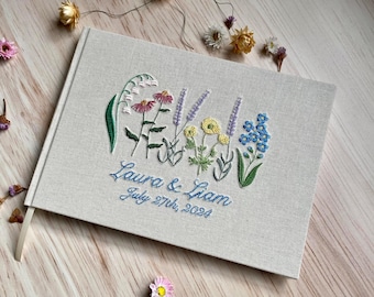 Personalised Embroidered Guestbook: Colourful Wildflower Wedding Memory Book