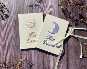 Embroidered Sun & Moon Vow Booklet: Personalised Hardcover Keepsake with Fabric Cover and Ribbon Tie