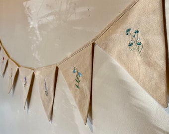 Embroidered Wildflower Fabric Bunting - Wall Banner Decoration For Baby Nursery