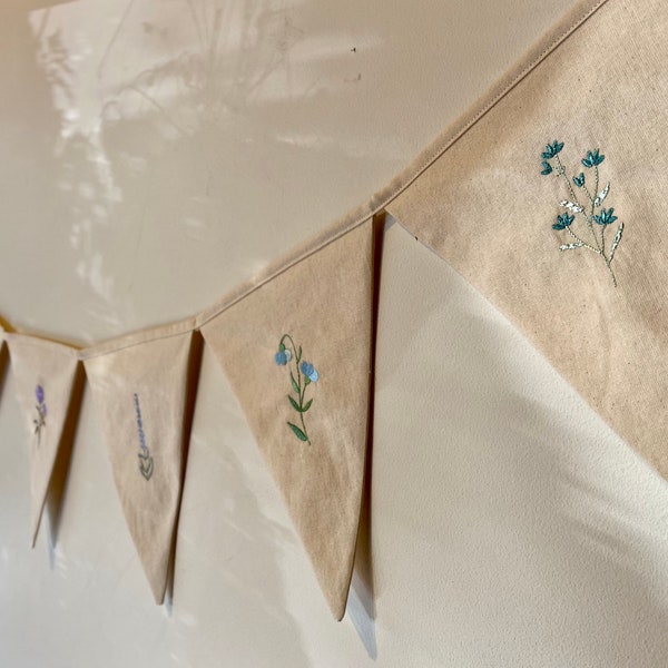 Embroidered Wildflower Fabric Bunting - Wall Banner Decoration For Baby Nursery