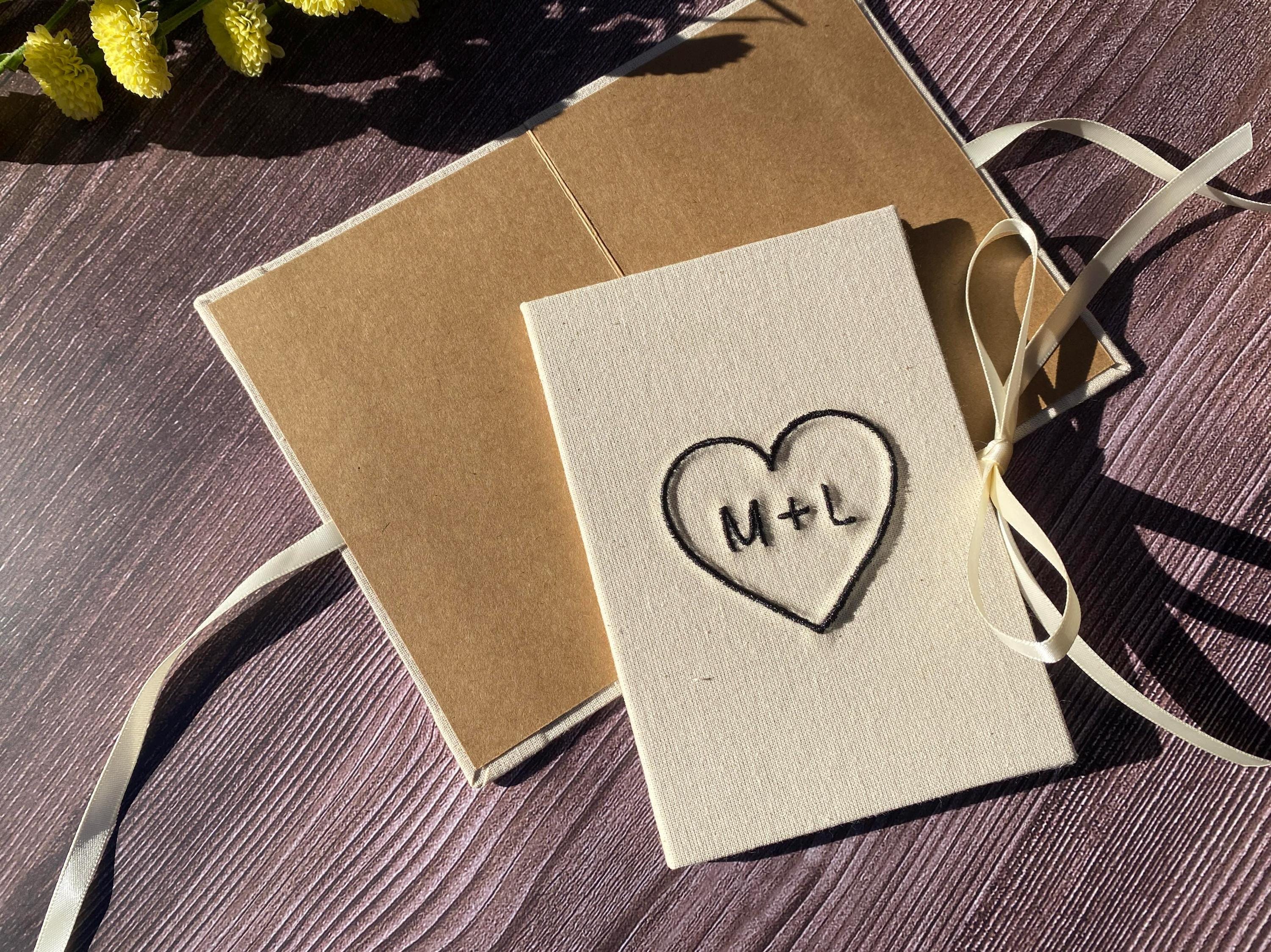 Embroidered Minimalist Heart & Initials Vow Booklet - Fabric Hardcover with Ribbon Tie - Personalised Keepsake for Wedding Ceremony