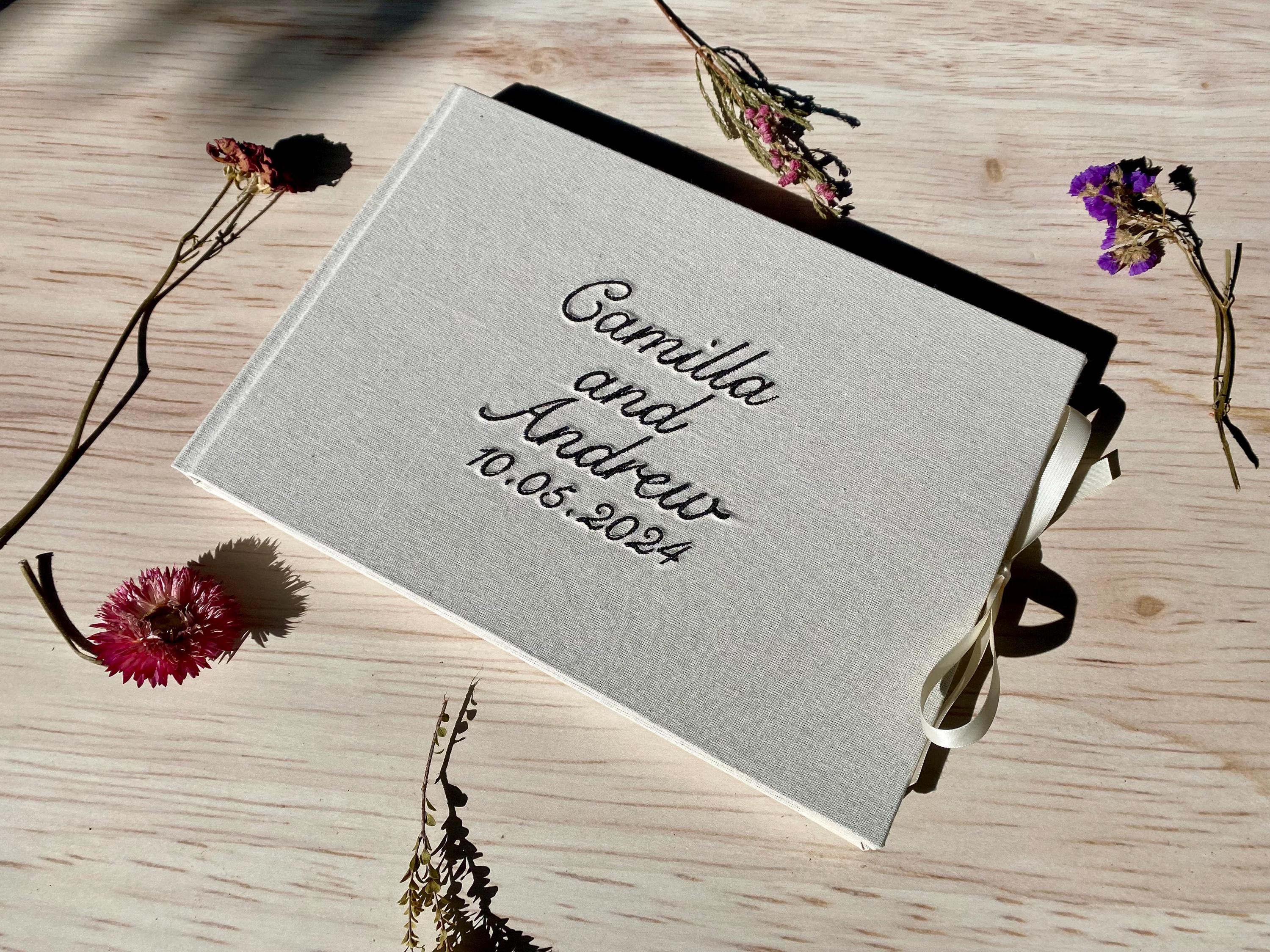 Personalised Embroidered Guestbook/Memory Book - Embroidered Text on Fabric Hardcover with Ribbon Tie Closure